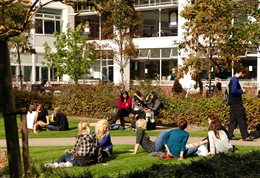 Students sitting outside, on benches and on the grass