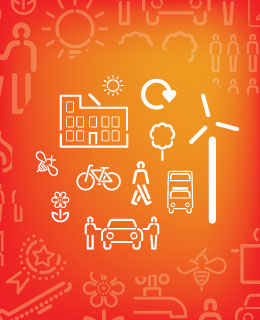 Illustration of sustainability themes by icon: travel, power, food etc