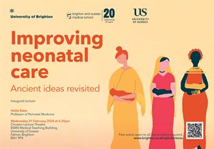 Graphic publicising inaugural lecture by Professor Heike Rabe - Improving neonatal care - Ancient ideas revealed and featuring a graphic of three women holding babies
