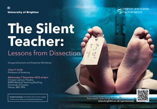 Graphic publicising inaugural lecture titled: The Silent Teacher: Lessons from dissection, featuring a pair of feet with a tag on the toe from a morgue