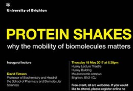 Graphic publicising inaugural lecture titled: Protein shakes; why the mobility of biomolecules matters, featuring the title on a plain black background