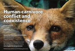 Graphic publicising inaugural lecture titled: Human-carnivore conflict and coexistence, featuring a close up of a fox's head