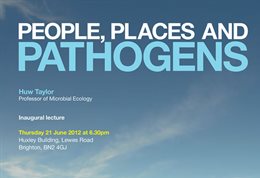 Graphic publicising inaugural lecture titled: People, places and pathogens, featuring a sky with a small amount of cloud