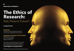Graphic publicising inaugural lecture titled: The ethics of research: Past, present and future? featuring a model of a head with two faces
