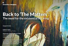 Graphic publicising inaugural lecture titled: Back to 'The Matters': The need for the existential in caring, featuring a painting with an outline of a finger bent to the side and a hand reaching out towards it