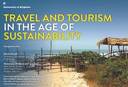 Graphic publicising inaugural lecture titled: Travel and tourismin the age of sustainability, featuring a view of a beach with wooden fence and shelter in the foreground