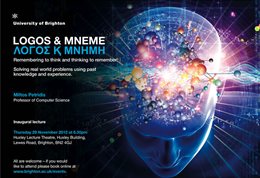 Graphic publicising inaugural lecture titled: Logos & Mneme, featuring the top of a model of a head with a colourful explosion depicted
