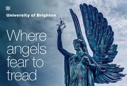 Graphic publicising inaugural lecture titled: Where angels fear to tread, featuring a statue of an angel