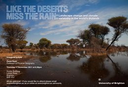 Graphic publicising inaugural lecture titled: Like the deserts miss the rain, featuring a water hole with trees fringed around