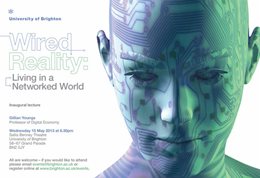 Graphic publicising inaugural lecture titled: Wired reality: Living in a networked world, featuring a robot head