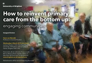 Graphic publicising inaugural lecture titled: How to reinvent primary care from the bottom up: engaging communities, featuring blurred image of older people sat in rows in a meeting setting