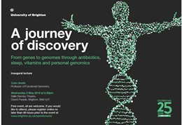 Graphic publicising inaugural lecture titled: A journey of discovery, featuring a representation of a human figure emerging from DNA