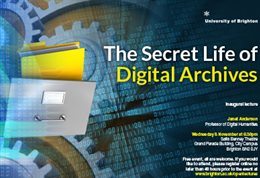 Graphic publicising inaugural lecture titled: The secret lives of digital archives, featuring cogs and labels