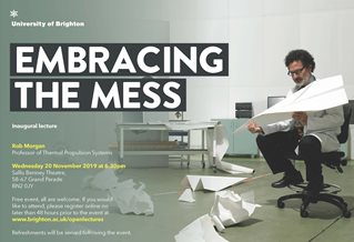 Graphic publicising inaugural lecture titled: Embracing the mess, featuring a man wearing glasses and a white coat, sat on a chair in an office reading a large print out with more paper strewn around the floor