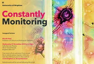 Graphic publicising inaugural lecture titled: Constantly monitoring, feauring colourful cells on a yellow background