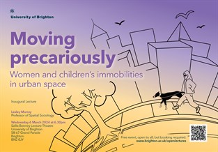 Graphic publicising inaugural lecture for Professor Lesley Murray titled Moving precariously and showing a drawing of woman and dog walking through a city