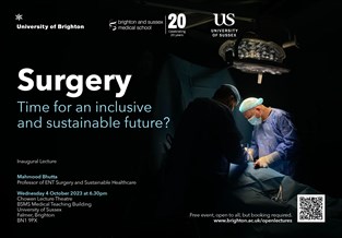 Graphic publicising inaugural lecture titled: Surgery, Time for an inclusive and sustainable future? featuring darkly lit image of surgeons in the operating theatre
