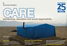 Graphic publicising inaugural lecture titled: Care, arhitecture, education and social responsibility, featuring a tent with chimney in a deserted area