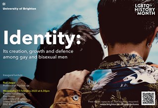 Graphic publicising inaugural lecture titled: Identity: Its creation, growth and defence among gay and bisexual men, featuring the backs of two men's heads, one leaning on the other's shoulder, both wearing patterned shirts