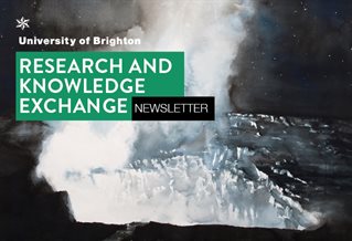 Reads Research and Knowledge Exchange Newsletter with painted image of a volcano crater and smoke plume by Emma Stibbon RA