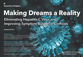 Graphic publicising inaugural lecture titled: Making dreams a reality. Eliminating hepatitis C virus and improving sumpton burden in cirrhosis, featuring large cells in light blue on a dark background