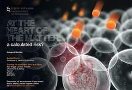 Graphic publicising inaugural lecture titled: At the heart of the matter: a calculated risk?, featuring graphic with bubbles and orange circles