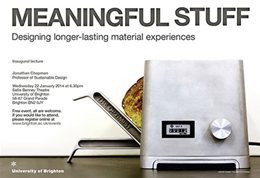 Graphic publicising inaugural lecture titled: Meaningful stuff. Designing longer-lasting material experiences, featuring a toaster