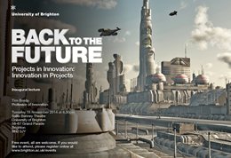 Graphic publicising inaugural lecture titled:Back the future, featuring a futuristic cityscape