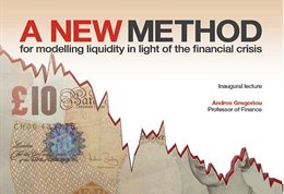 Graphic publicising inaugural lecture titled: A new method for modelling liquidity in light of the financial crisis, featuring a bank note torn into the shape of a spiking graph