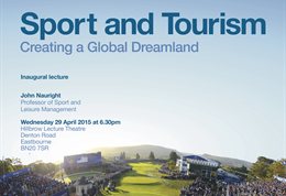 Graphic publicising inaugural lecture titled: Sport and tourism, creating a global dreamland, featuring a crowd of spectators on a hill
