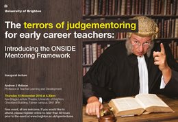 Graphic publicising inaugural lecture titled: The terrors of judgementoring for early career teachers: Introducing the ONSIDE mentoring framework, featuring a judge with glasses pointing a finger and holding a gavel with the other hand, in front of a bookcase