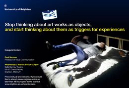 Graphic publicising inaugural lecture titled: Stop thinking about art works as objects, and start thinking about them as triggers for experiences, featuring a person falling onto a bed